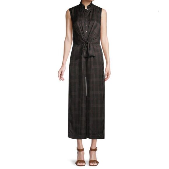 Rebecca Taylor Jules Black Sleeveless Silk Jumpsuit Windowpane Plaid Romper 12 - Picture 1 of 16